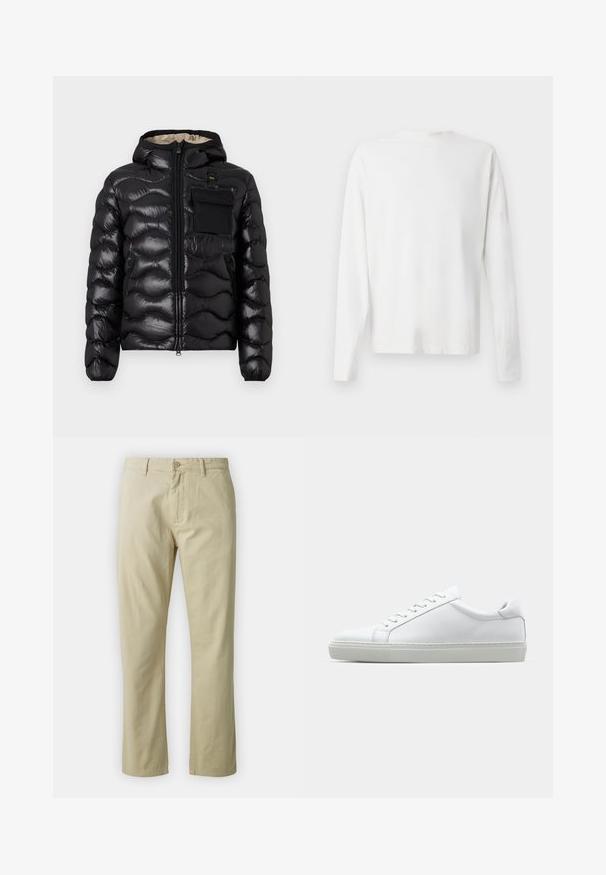 Melna pūka jaka ar kapuci, izšūti dizainu, ar rāvējslēdzēju priekšā un krūšu kabatu. Iezīmējas ar spīdīgu, teksturētu audumu un elastīgām piedurknēm.; Garums piedurkņu baltā kokvilnas krekls ar apaļu dekoltē, sānu šķēlumiem apakšā un gludu tekstūru, redzams no aizmugures.; Beidzīgo kokvilnas bikses ar taisnu kāju piegriezumu, priekšējo pogu aizdari un jostas cilpām. Gluda tekstūra, nav redzamu rakstu vai akcentu.; Baltie sporta apavi ar gludu ādas virsu un zemu profilu. Iezīmējas ar noapaļotu purngalu, sešām acīm un teksturētu gumijas zoli.