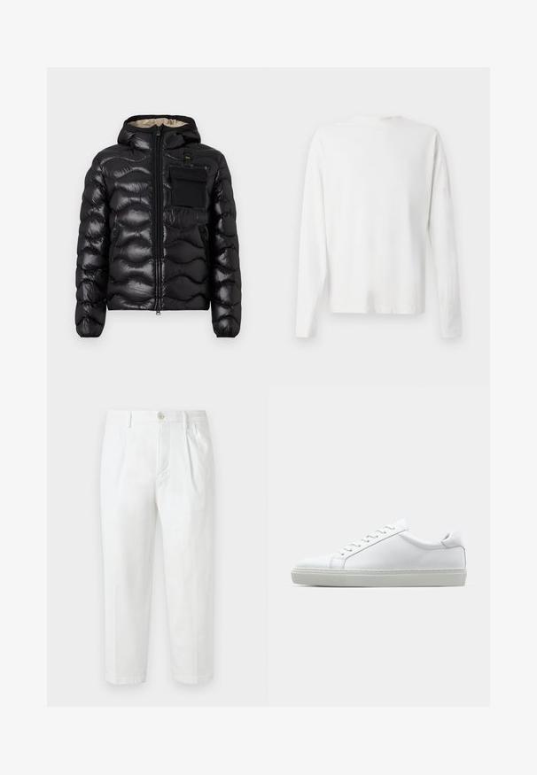 Svart puffjakke med hette, quiltet design, glidelås foran og brystlomme. Har blankt, strukturert stoff med elastiske mansjetter.; Langermet hvit bomullsskjorte med rund hals, sidespalter nederst og en jevn tekstur, vist fra baksiden.; Hvite bomullsbukser med rett snitt, med knappelukking, plissert front og rullede kanter. Glatt tekstur uten synlige mønstre.; Hvit sneakers med en glatt skinnoverdel og lav profil. Har en rund tå, seks snøring hull, og en teksturert gummisåle.