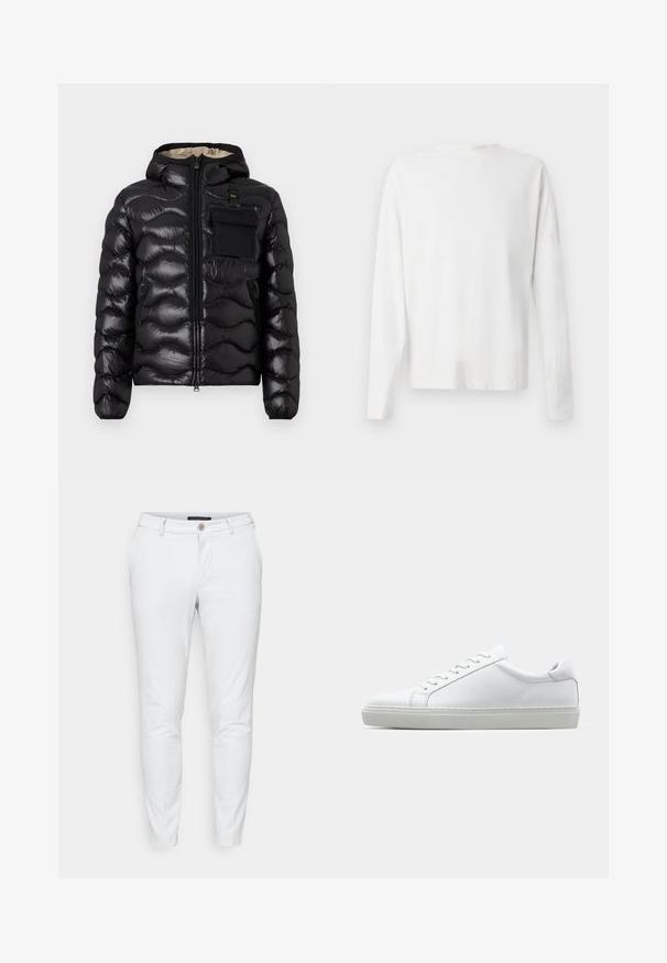Svart puffjakke med hette, quiltet design, glidelås foran og brystlomme. Har blankt, strukturert stoff med elastiske mansjetter.; Langermet hvit bomullsskjorte med rund hals, sidespalter nederst og en jevn tekstur, vist fra baksiden.; Hvite chinos med slim passform, laget av lett bomullsblanding. Har knappestenging og sidelommer; glatt tekstur og minimalistisk design.; Hvit sneakers med en glatt skinnoverdel og lav profil. Har en rund tå, seks snøring hull, og en teksturert gummisåle.