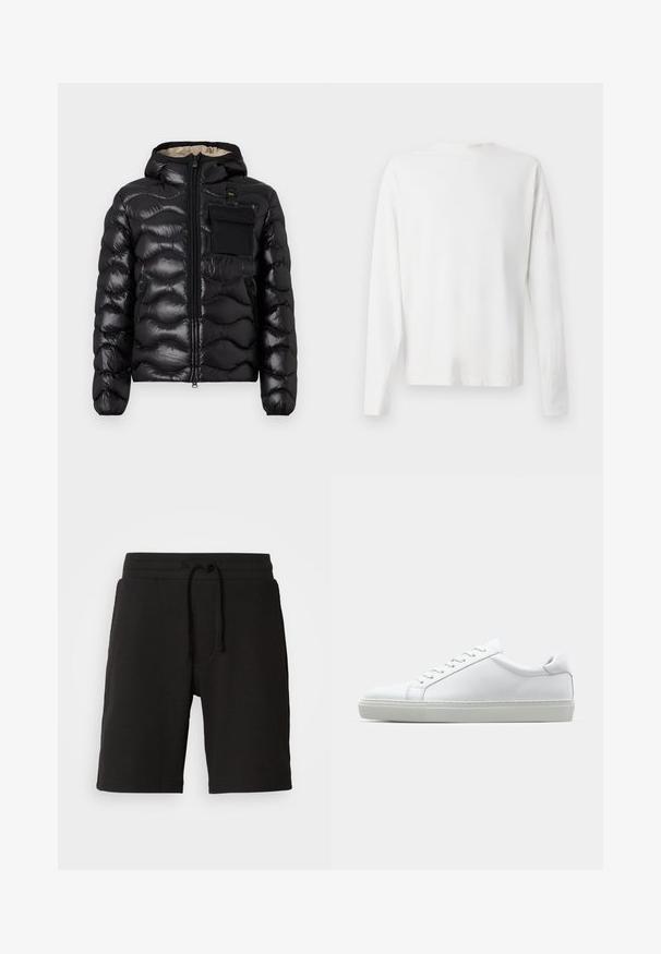 Černá prošívaná bunda s kapucí, zipem vpředu a náprsní kapsou. Obsahuje lesklou, strukturovanou látku s elastickými manžetami.; Bílá bavlněná košile s dlouhým rukávem a kulatým výstřihem, s bočními rozparky na spodní části a hladkým povrchem, vystavená zezadu.; Černé pletené šortky s texturovaným materiálem, elastickým pasem, nastavitelnou šňůrkou a bočními kapsami. Délka sahá nad kolena.; Bílé tenisky s hladkým koženým svrškem a nízkým profilem. Mají zaoblenou špičku, šest nýtů a texturovanou gumovou podrážku.