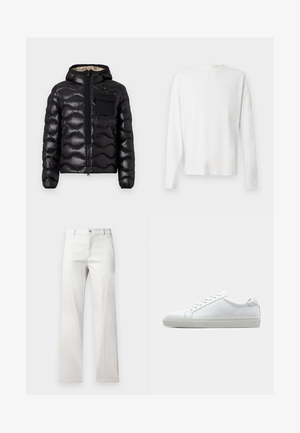 Doudoune noire avec capuche, design matelassé, fermeture éclair à l'avant et poche poitrine. Fabriquée en tissu brillant et texturé avec des poignets élastiques.; Chemise en coton blanc à manches longues avec un col rond, fentes latérales en bas et une texture lisse, présentée de dos.; Pantalon gris clair avec une coupe droite, fabriqué dans un tissu lisse, doté d'une fermeture à bouton à l'avant et de poches latérales.; Sneaker blanche avec une tige en cuir lisse et un profil bas. Présente un bout arrondi, six œillets et une semelle en caoutchouc texturé.