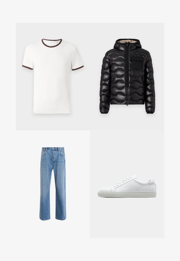 Juodas pūkinis švarkas su kapišonu, su siuvinėtu dizainu, priekiniais užtrauktukais ir krūtine kišenė. Pagamintas iš blizgios, tekstūruotos medžiagos su elastiniais rankogaliais.; Balta trumpomis rankovėmis marškinėliai su rudos spalvos įsiūtomis apykaklėmis ir rankogaliais, pagaminti iš švelnaus medvilninio audinio. Paprastas ir klasikinis dizainas.; Šviesiai mėlyni džinsai su tiesiu kirpimu, penkios kišenės, mygtuko užsegimas, minimalus blukimas ir kontrastingi siuvimo detalės.; Baltas sportinis batelis su lygiu odiniu paviršiumi ir žemu profiliu. Turi suapvalintą pirštą, šešis akių skyrius ir tekstūruotą gumos padą.