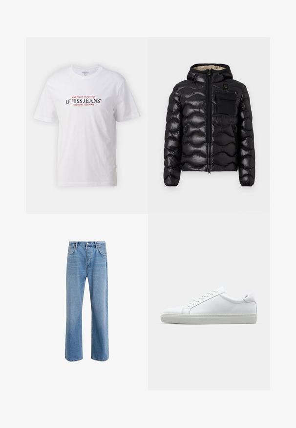 Juodas pūkinis švarkas su kapišonu, su siuvinėtu dizainu, priekiniais užtrauktukais ir krūtine kišenė. Pagamintas iš blizgios, tekstūruotos medžiagos su elastiniais rankogaliais.; Balta medvilnės marškinėliai su apvalia iškirpte ir trumpomis rankovėmis, su raudonais ir juodais užrašais "GUESS JEANS" ir "AMERICAN TRADITION."; Šviesiai mėlyni džinsai su tiesiu kirpimu, penkios kišenės, mygtuko užsegimas, minimalus blukimas ir kontrastingi siuvimo detalės.; Baltas sportinis batelis su lygiu odiniu paviršiumi ir žemu profiliu. Turi suapvalintą pirštą, šešis akių skyrius ir tekstūruotą gumos padą.