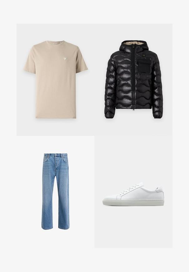 Czarna kurtka puchowa z kapturem, pikowany wzór, zamek z przodu i kieszeń na piersi. Posiada błyszczący, teksturowany materiał oraz elastyczne mankiety.; Beżowa bawełniana koszulka z krótkimi rękawami, okrągłym dekoltem i małym trójkątnym logo wyhaftowanym na lewej piersi. Gładka tekstura.; Jasnoniebieskie dżinsy o prostym kroju, pięć kieszeni, zapięcie na guzik, minimalne blaknięcia i kontrastowe wykończenia szwów.; Białe sneakersy z gładką skórzaną cholewką i niskim profilem. Posiadają okrągły nos, sześć dziurek na sznurówki oraz teksturowaną gumową podeszwę.