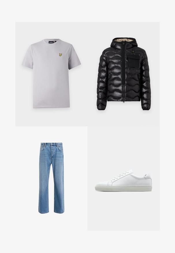 Čierna nadýchaná bunda s kapucňou, prešitou konštrukciou, predným zipsom a vreckom na hrudi. Vlastnosti zahŕňajú lesklú, textúrovanú látku s elastickými manžetami.; Svetlo šedé bavlnené tričko s krátkymi rukávmi, na ľavej strane hrudníka so malou žltou vyšívanou vtáčou nášivkou.; Svetlo modré denimové džínsy so strihom rovného nohu, päť vreciek, zapínanie na gombík, minimálne vyblednutie a kontrastné švy.; Biele tenisky s hladkým koženým zvrškom a nízkym profilom. Majú zaoblenú špičku, šesť očiek a štruktúrovanú gumovú podrážku.