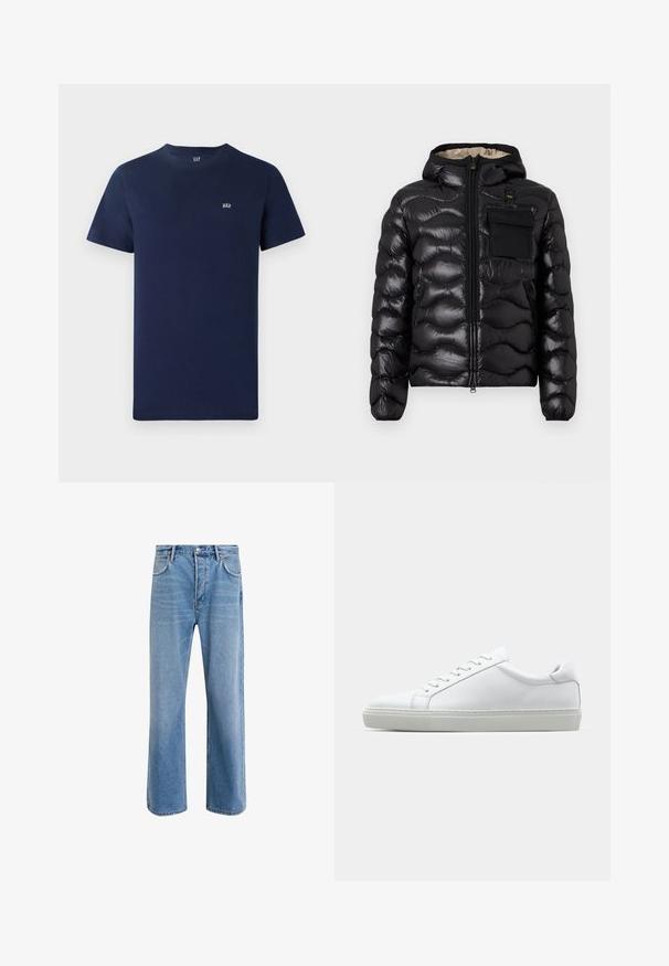 Giacca a vento nera con cappuccio, design trapuntato, chiusura con zip sul davanti e tasca sul petto. Presenta un tessuto lucido e testurizzato con polsini elasticizzati.; T-shirt in cotone blu navy con maniche corte, scollatura rotonda e un piccolo logo ricamato sul petto. Design semplice, texture priva di ornamenti.; Jeans in denim blu chiaro con design a gamba dritta, cinque tasche, chiusura con bottone, leggero sbiadimento e dettagli di cucitura a contrasto.; Sneaker bianco con tomaia in pelle liscia e profilo basso. Presenta una punta arrotondata, sei occhielli e una suola in gomma testurizzata.