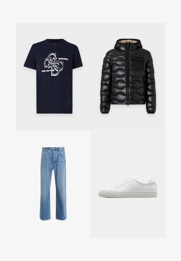 Jachetă puf si neagră cu glugă, design matlasat, fermoar în față și buzunar pe piept. Are un material lucios, texturat, cu manșete elasticizate.; Tricou din bumbac bleumarin cu mâneci scurte, prezentând un design grafic cu logo alb. Textul include "Guess," "Worldwide," și "Since 1981."; Jeans din denim bleu deschis cu un design drept, cinci buzunare, închidere cu buton, decolorare minimă și detalii de cusătură în contrast.; Adidași albi cu o suprafață din piele netedă și un profil jos. Au un vârf rotunjit, șase orificii pentru șireturi și o talpă din cauciuc texturată.