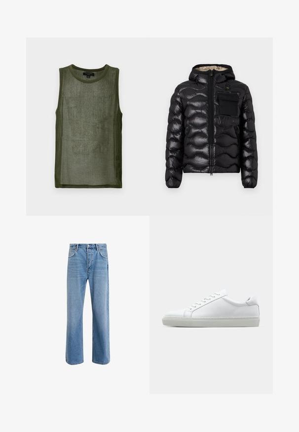 Čierna nadýchaná bunda s kapucňou, prešitou konštrukciou, predným zipsom a vreckom na hrudi. Vlastnosti zahŕňajú lesklú, textúrovanú látku s elastickými manžetami.; Olivovo zelená priesvitná tielko s okrúhlym výstrihom, bez rukávov a štruktúrovanou látkou so vzorom mriežky po celom povrchu.; Svetlo modré denimové džínsy so strihom rovného nohu, päť vreciek, zapínanie na gombík, minimálne vyblednutie a kontrastné švy.; Biele tenisky s hladkým koženým zvrškom a nízkym profilom. Majú zaoblenú špičku, šesť očiek a štruktúrovanú gumovú podrážku.