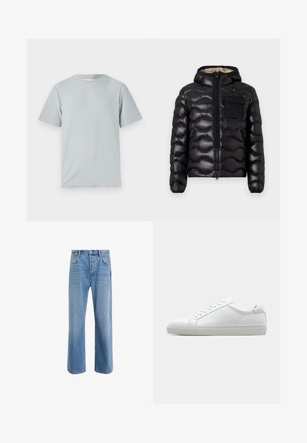 Črna puhovka s kapuco, s prešitim dizajnom, z zadrgo spredaj in žepom na prsih. Ima sijoč, teksturiran material in elastične manšete.; Svetlo siva majica s kratkimi rokavi iz mehkega in gladkega materiala, s krožnim ovratnikom in sproščenim krojem, brez vidnih vzorcev ali dodatkov.; Svetlo modre denim kavbojke s ravno nogavico, petimi žepi, z gumbom za zapiranje, minimalnim zbledelostjo in kontrastnimi šivi.; Bela športna obutev z gladkim usnjenim zgornjim delom in nizkim profilom. Ima zaokrožen nos, šest lukenj za vezalke in teksturiran gumijast podplat.