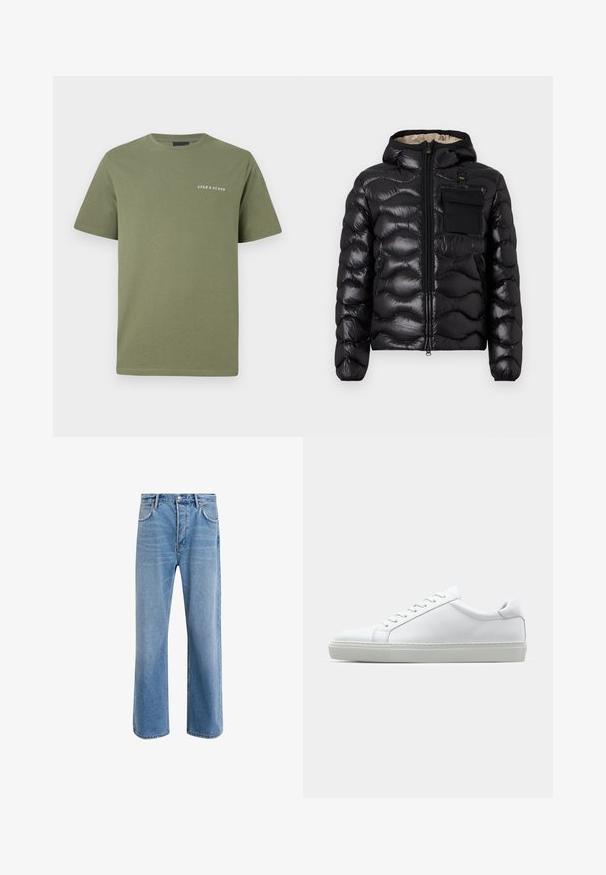 Svart puffjakke med hette, quiltet design, glidelås foran og brystlomme. Har blankt, strukturert stoff med elastiske mansjetter.; Oliven grønn bomulls T-skjorte med korte ermer og rund halslinning. Har en hvit logo trykk på venstre brystområde. Glatt tekstur.; Lys blå denimjeans med rett ben-design, fem lommer, knappeåpning, minimal falming og kontrasterende sømdetaljer.; Hvit sneakers med en glatt skinnoverdel og lav profil. Har en rund tå, seks snøring hull, og en teksturert gummisåle.