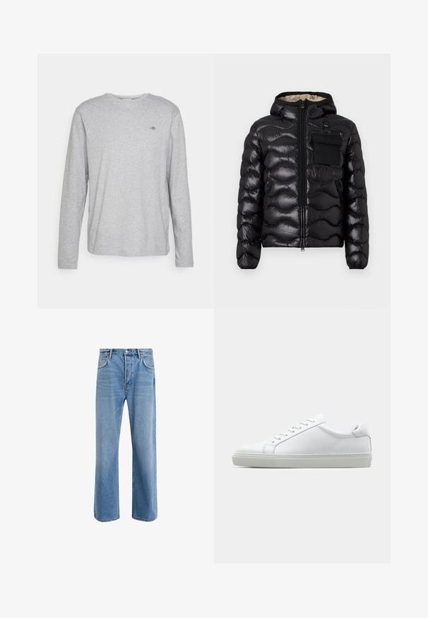 Giacca a vento nera con cappuccio, design trapuntato, chiusura con zip sul davanti e tasca sul petto. Presenta un tessuto lucido e testurizzato con polsini elasticizzati.; T-shirt a maniche lunghe in cotone grigio con collo rotondo e un piccolo logo ricamato sul petto. Texture morbida e vestibilità rilassata.; Jeans in denim blu chiaro con design a gamba dritta, cinque tasche, chiusura con bottone, leggero sbiadimento e dettagli di cucitura a contrasto.; Sneaker bianco con tomaia in pelle liscia e profilo basso. Presenta una punta arrotondata, sei occhielli e una suola in gomma testurizzata.