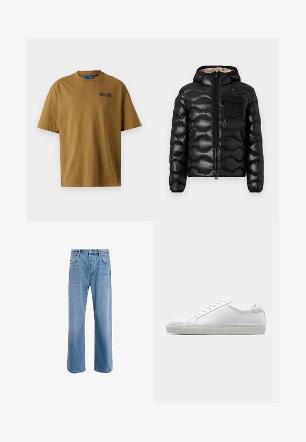 Melna pūka jaka ar kapuci, izšūti dizainu, ar rāvējslēdzēju priekšā un krūšu kabatu. Iezīmējas ar spīdīgu, teksturētu audumu un elastīgām piedurknēm.; Bēšas kokvilnas t-krekls ar apaļu izgriezumu, īsām piedurknēm un mazu melnu logotipu kreisajā krūšu zonā. Gluda tekstūra.; Gai zilas džinsu bikses ar taisnām kājām, piecām kabatām, pogu aizvēršanu, minimālu izbalēšanu un kontrastējošiem šuvju elementiem.; Baltie sporta apavi ar gludu ādas virsu un zemu profilu. Iezīmējas ar noapaļotu purngalu, sešām acīm un teksturētu gumijas zoli.