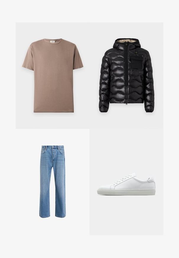 Črna puhovka s kapuco, s prešitim dizajnom, z zadrgo spredaj in žepom na prsih. Ima sijoč, teksturiran material in elastične manšete.; Majica s kratkimi rokavi iz rjave bombažne tkanine, z okroglo odprtino za vrat in lahko, gladko teksturo. Brez vidnih vzorcev ali dodatkov.; Svetlo modre denim kavbojke s ravno nogavico, petimi žepi, z gumbom za zapiranje, minimalnim zbledelostjo in kontrastnimi šivi.; Bela športna obutev z gladkim usnjenim zgornjim delom in nizkim profilom. Ima zaokrožen nos, šest lukenj za vezalke in teksturiran gumijast podplat.