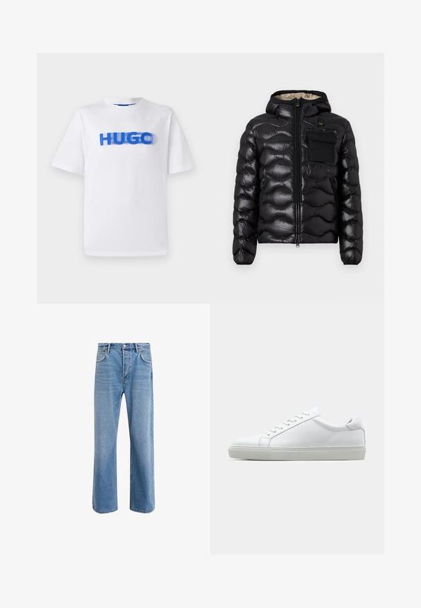 Schwarze Pufferjacke mit Kapuze, gestepptem Design, Reißverschluss vorne und einer Brusttasche. Aus glänzendem, strukturiertem Stoff mit elastischen Bündchen.; Weißes Baumwoll-T-Shirt mit Rundhalsausschnitt, das vorne einen großen blauen Grafikdruck des Wortes "HUGO" zeigt, mit leicht verschwommenem Effekt.; Helle blaue Jeans im Geradeschnitt-Design, mit fünf Taschen, Knopfverschluss, minimaler Ausbleichung und kontrastierenden Nähdetails.; Weißer Sneaker mit glattem Lederobermaterial und niedrigem Profil. Verfügt über eine runde Zehenpartie, sechs Ösen und eine strukturierte Gummisohle.