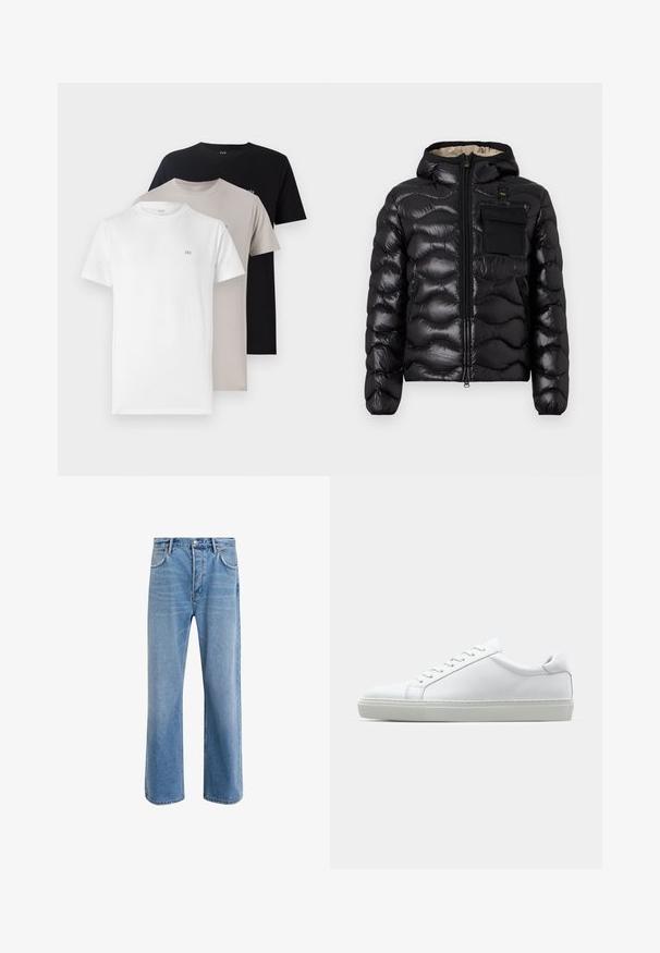 Giacca a vento nera con cappuccio, design trapuntato, chiusura con zip sul davanti e tasca sul petto. Presenta un tessuto lucido e testurizzato con polsini elasticizzati.; Tre t-shirt a girocollo in bianco, beige e nero, realizzate in morbido cotone con un piccolo logo sul petto per ciascun colore.; Jeans in denim blu chiaro con design a gamba dritta, cinque tasche, chiusura con bottone, leggero sbiadimento e dettagli di cucitura a contrasto.; Sneaker bianco con tomaia in pelle liscia e profilo basso. Presenta una punta arrotondata, sei occhielli e una suola in gomma testurizzata.