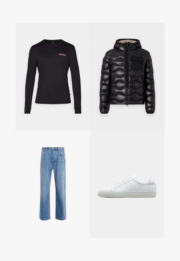 Melna pūka jaka ar kapuci, izšūti dizainu, ar rāvējslēdzēju priekšā un krūšu kabatu. Iezīmējas ar spīdīgu, teksturētu audumu un elastīgām piedurknēm.; Melnas garām piedurknēm T-krekls, izgatavots no kokvilnas. Uz kreisās krūts daļas ir neliels sarkans un balts "Guess Jeans" logo. Slim fit dizains.; Gai zilas džinsu bikses ar taisnām kājām, piecām kabatām, pogu aizvēršanu, minimālu izbalēšanu un kontrastējošiem šuvju elementiem.; Baltie sporta apavi ar gludu ādas virsu un zemu profilu. Iezīmējas ar noapaļotu purngalu, sešām acīm un teksturētu gumijas zoli.