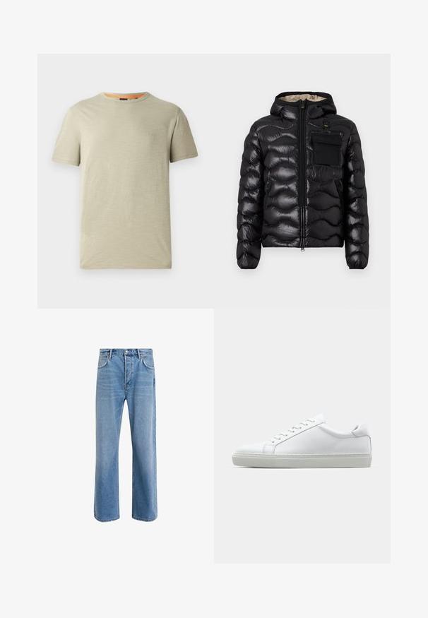 Melna pūka jaka ar kapuci, izšūti dizainu, ar rāvējslēdzēju priekšā un krūšu kabatu. Iezīmējas ar spīdīgu, teksturētu audumu un elastīgām piedurknēm.; Gaiši zaļa īsām piedurknēm t-krekls, kas izgatavots no teksturētas auduma. Tam ir apaļa kakla izgriezuma forma un neliels reljefs "BOSS" logo uz krūšu daļas.; Gai zilas džinsu bikses ar taisnām kājām, piecām kabatām, pogu aizvēršanu, minimālu izbalēšanu un kontrastējošiem šuvju elementiem.; Baltie sporta apavi ar gludu ādas virsu un zemu profilu. Iezīmējas ar noapaļotu purngalu, sešām acīm un teksturētu gumijas zoli.