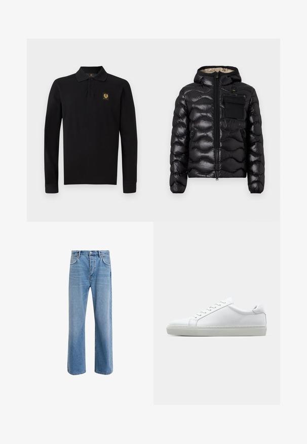 Svart puffjakke med hette, quiltet design, glidelås foran og brystlomme. Har blankt, strukturert stoff med elastiske mansjetter.; Svart langermet polo-skjorte laget av bomull. Har klassisk krage, tre-knapps skjæring og et gull-emblem på venstre bryst.; Lys blå denimjeans med rett ben-design, fem lommer, knappeåpning, minimal falming og kontrasterende sømdetaljer.; Hvit sneakers med en glatt skinnoverdel og lav profil. Har en rund tå, seks snøring hull, og en teksturert gummisåle.