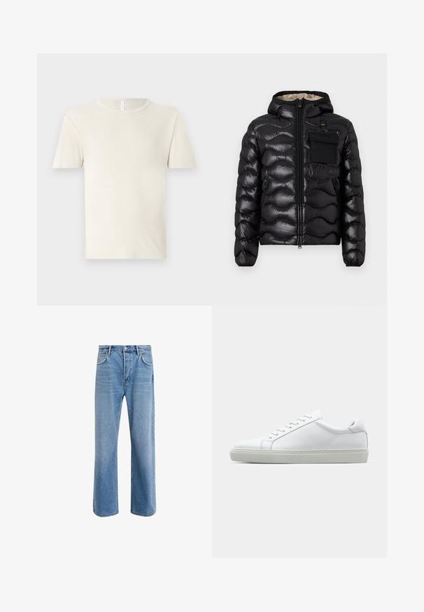 Czarna kurtka puchowa z kapturem, pikowany wzór, zamek z przodu i kieszeń na piersi. Posiada błyszczący, teksturowany materiał oraz elastyczne mankiety.; Jasny beżowy t-shirt z krótkim rękawem, wykonany z miękkiej tkaniny. Posiada okrągły dekolt oraz prosty, gładki fason bez widocznych wzorów czy akcentów.; Jasnoniebieskie dżinsy o prostym kroju, pięć kieszeni, zapięcie na guzik, minimalne blaknięcia i kontrastowe wykończenia szwów.; Białe sneakersy z gładką skórzaną cholewką i niskim profilem. Posiadają okrągły nos, sześć dziurek na sznurówki oraz teksturowaną gumową podeszwę.