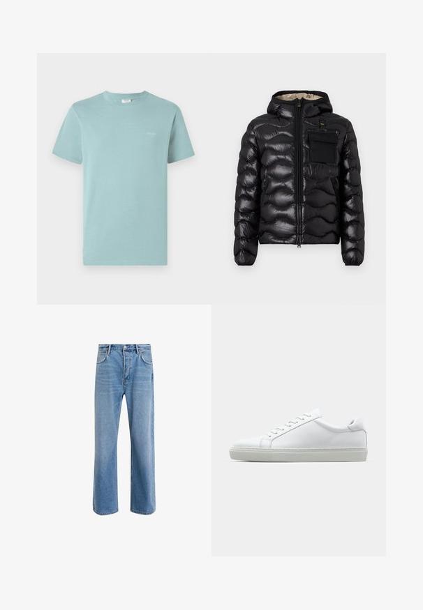 Črna puhovka s kapuco, s prešitim dizajnom, z zadrgo spredaj in žepom na prsih. Ima sijoč, teksturiran material in elastične manšete.; Svetlo modra bombažna majica s kratkimi rokavi in okroglo ovratnikom. Vključuje majhen logotip blagovne znamke v beli barvi natisnjen na prsih. Enostaven dizajn.; Svetlo modre denim kavbojke s ravno nogavico, petimi žepi, z gumbom za zapiranje, minimalnim zbledelostjo in kontrastnimi šivi.; Bela športna obutev z gladkim usnjenim zgornjim delom in nizkim profilom. Ima zaokrožen nos, šest lukenj za vezalke in teksturiran gumijast podplat.