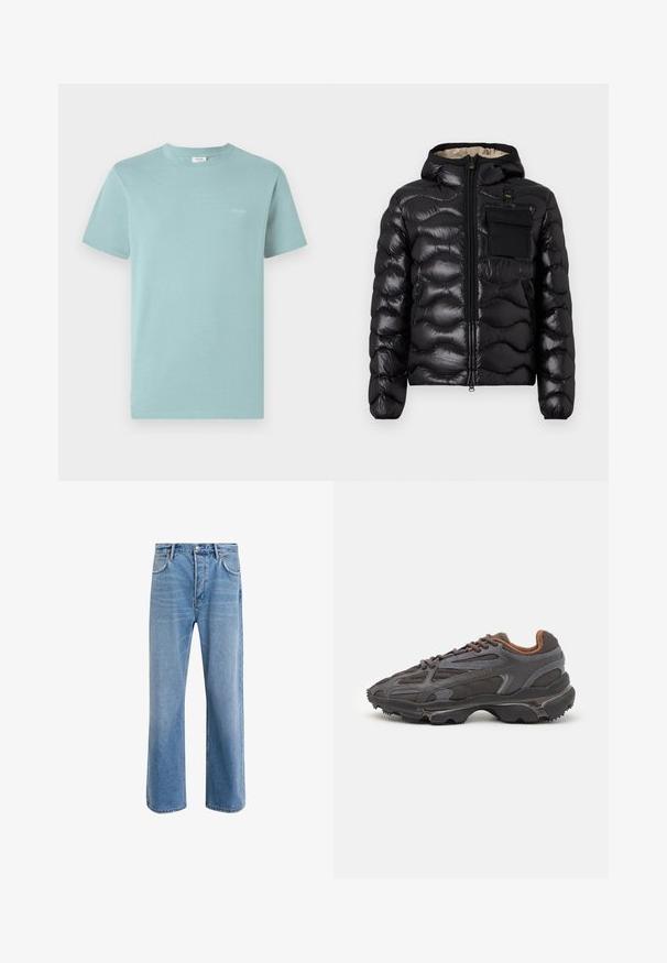 Črna puhovka s kapuco, s prešitim dizajnom, z zadrgo spredaj in žepom na prsih. Ima sijoč, teksturiran material in elastične manšete.; Svetlo modra bombažna majica s kratkimi rokavi in okroglo ovratnikom. Vključuje majhen logotip blagovne znamke v beli barvi natisnjen na prsih. Enostaven dizajn.; Svetlo modre denim kavbojke s ravno nogavico, petimi žepi, z gumbom za zapiranje, minimalnim zbledelostjo in kontrastnimi šivi.; Lacoste teniske v temno sivi barvi z mrežasto in sintetično prevleko, s teksturiranim podplatom in rjavimi detajli na ovratniku ter blagovni znamki.
