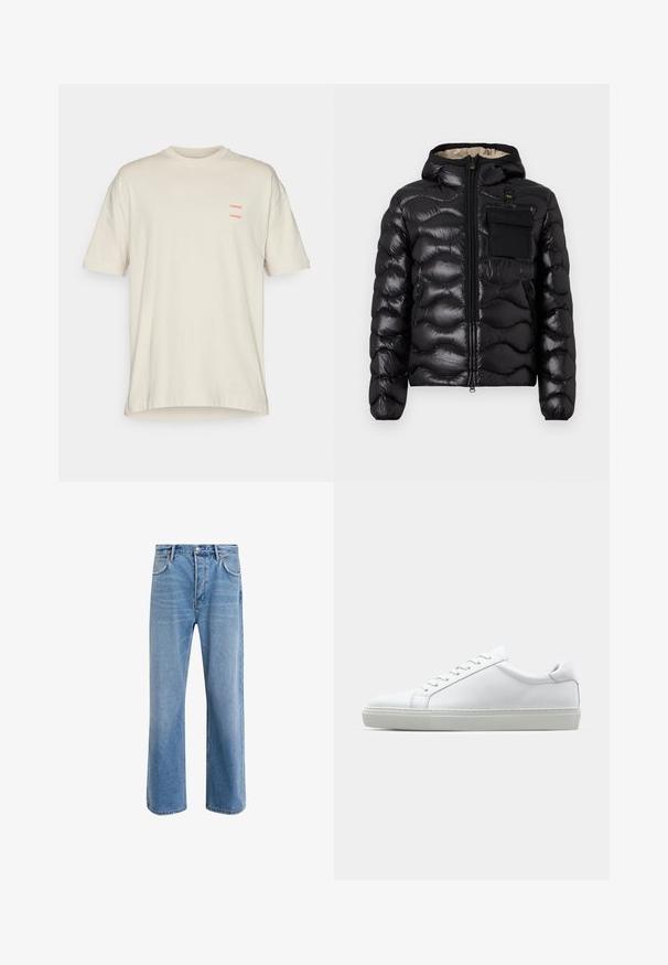 Black puffer jacket with a hood, quilted design, zipper front, and a chest pocket. Features shiny, textured fabric with elastic cuffs.; Beige cotton t-shirt with a relaxed fit, featuring a crew neck and short sleeves. Dual red "SAMSØE" text accents on the left chest.; Light blue denim jeans with a straight-leg design, five pockets, button closure, minimal fading, and contrasting stitching details.; White sneaker with a smooth leather upper and a low profile. Features a rounded toe, six eyelets, and a textured rubber sole.