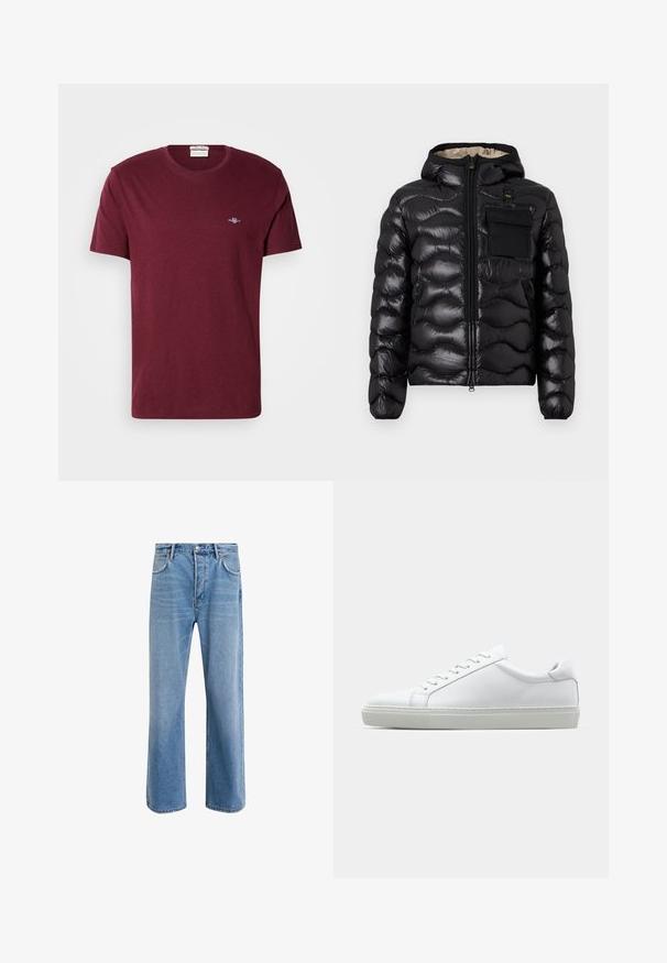 Črna puhovka s kapuco, s prešitim dizajnom, z zadrgo spredaj in žepom na prsih. Ima sijoč, teksturiran material in elastične manšete.; Burgundska majica s kratkimi rokavi in okroglim izrezom z majhnim belim vezenim logotipom GANT na levem prsnem delu.; Svetlo modre denim kavbojke s ravno nogavico, petimi žepi, z gumbom za zapiranje, minimalnim zbledelostjo in kontrastnimi šivi.; Bela športna obutev z gladkim usnjenim zgornjim delom in nizkim profilom. Ima zaokrožen nos, šest lukenj za vezalke in teksturiran gumijast podplat.