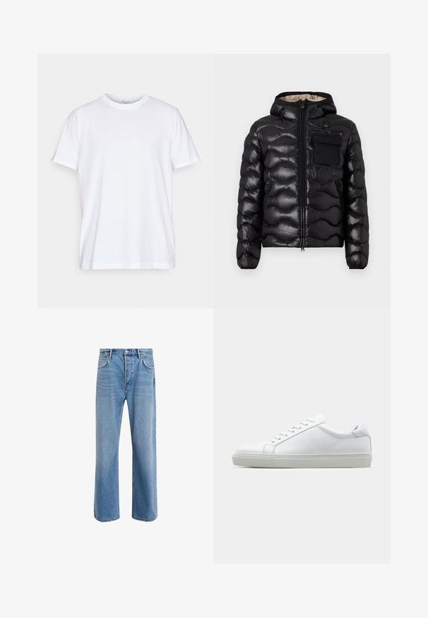 Jachetă puf si neagră cu glugă, design matlasat, fermoar în față și buzunar pe piept. Are un material lucios, texturat, cu manșete elasticizate.; Tricou din bumbac alb cu mâneci scurte, guler rotund și o croială lejeră. Prezintă un design minimalist, fără modele sau accente.; Jeans din denim bleu deschis cu un design drept, cinci buzunare, închidere cu buton, decolorare minimă și detalii de cusătură în contrast.; Adidași albi cu o suprafață din piele netedă și un profil jos. Au un vârf rotunjit, șase orificii pentru șireturi și o talpă din cauciuc texturată.