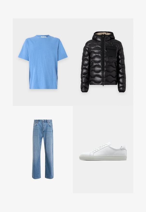 Černá prošívaná bunda s kapucí, zipem vpředu a náprsní kapsou. Obsahuje lesklou, strukturovanou látku s elastickými manžetami.; Modrá krátká rukávová tričko vyrobené z měkké látky s kulatým výstřihem a volnějším střihem. Obsahuje malou logo nášivku v dolním levém rohu.; Světle modré džínové kalhoty s rovnými nohavicemi, pěti kapsami, zapínáním na knoflík, minimálním vyblednutím a kontrastním prošitím.; Bílé tenisky s hladkým koženým svrškem a nízkým profilem. Mají zaoblenou špičku, šest nýtů a texturovanou gumovou podrážku.