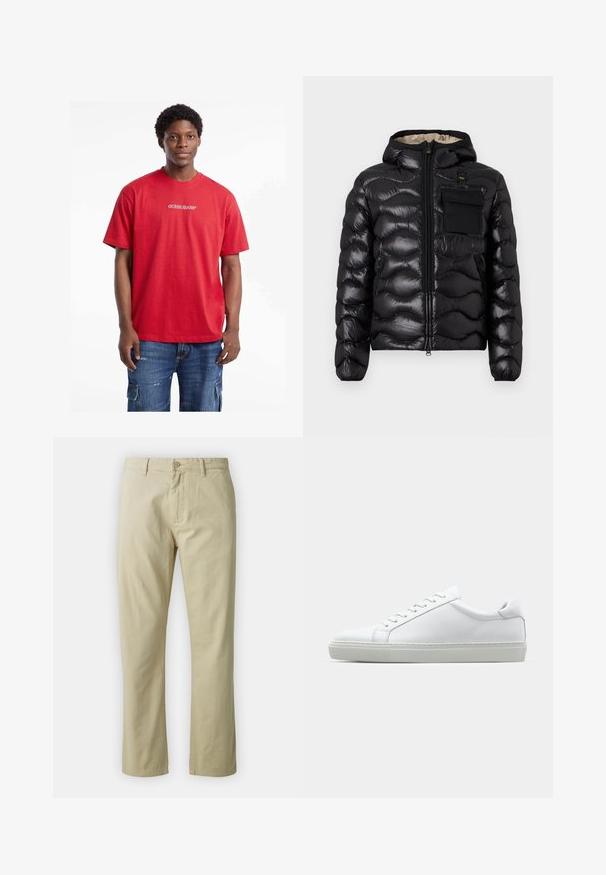 Mustat puffatakki hupulla, tikattu muotoilu, vetoketjukiinnitys edessä ja rintatasku. Ominaisuuksiin kuuluu kiiltävä, teksturoitu kangas ja joustavat hihansuut.; Punainen puuvillainen t-paita, jossa on lyhyet hihat ja pyöreä pääntie, edessä valkoinen "GUESS JEANS" -logo, yhdistettyinä farkkucargo-shortseihin.; Beige puuvillahousut suoran lahkeen muotoilulla, etupainike sulkeminen ja vyölenkit. Sileä pinta, ei näkyviä kuvioita tai yksityiskohtia.; Valkoinen tennari, jossa on sileä nahkapäällinen ja matala profiili. Ominaisuuksiin kuuluu pyöreä kärki, kuusi rei'itystä ja teksturoitu kumipohja.