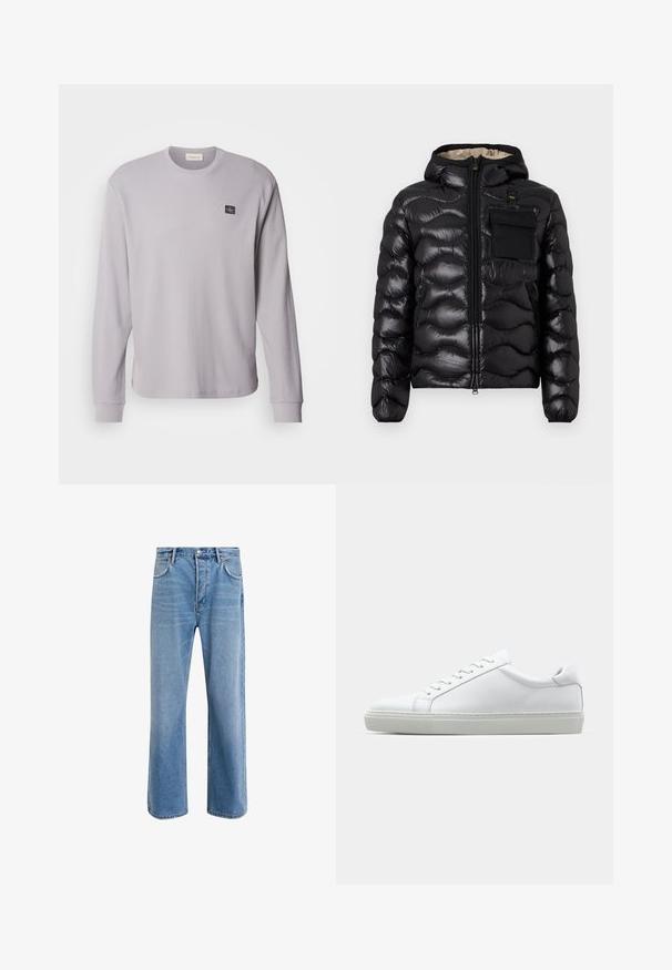 Schwarze Pufferjacke mit Kapuze, gestepptem Design, Reißverschluss vorne und einer Brusttasche. Aus glänzendem, strukturiertem Stoff mit elastischen Bündchen.; Langärmliges graues Waffelstrickshirt mit rundem Halsausschnitt und gerippten Bündchen; besitzt ein kleines schwarzes Logopatch auf der linken Brust.; Helle blaue Jeans im Geradeschnitt-Design, mit fünf Taschen, Knopfverschluss, minimaler Ausbleichung und kontrastierenden Nähdetails.; Weißer Sneaker mit glattem Lederobermaterial und niedrigem Profil. Verfügt über eine runde Zehenpartie, sechs Ösen und eine strukturierte Gummisohle.