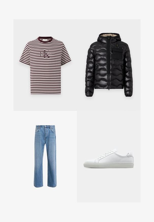 Juodas pūkinis švarkas su kapišonu, su siuvinėtu dizainu, priekiniais užtrauktukais ir krūtine kišenė. Pagamintas iš blizgios, tekstūruotos medžiagos su elastiniais rankogaliais.; Juostelėta marškinėlių suapvalintu kaklu ir trumpomis rankovėmis, bordo ir grietinėlės spalvų. Centriniame regione matomas „Calvin Klein“ logotipas. Minkšta audinio tekstūra.; Šviesiai mėlyni džinsai su tiesiu kirpimu, penkios kišenės, mygtuko užsegimas, minimalus blukimas ir kontrastingi siuvimo detalės.; Baltas sportinis batelis su lygiu odiniu paviršiumi ir žemu profiliu. Turi suapvalintą pirštą, šešis akių skyrius ir tekstūruotą gumos padą.