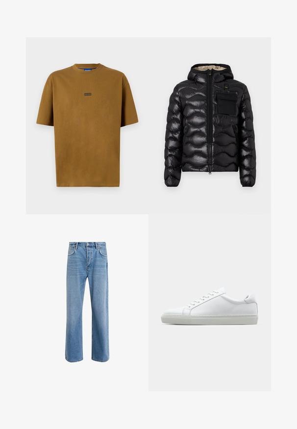 Juodas pūkinis švarkas su kapišonu, su siuvinėtu dizainu, priekiniais užtrauktukais ir krūtine kišenė. Pagamintas iš blizgios, tekstūruotos medžiagos su elastiniais rankogaliais.; Rudas, trumpomis rankovėmis, apvaliu kaklu marškinėliai pagaminti iš medvilnės. Priekyje yra mažas juodas logotipas, kuriame rašoma "HUGO".; Šviesiai mėlyni džinsai su tiesiu kirpimu, penkios kišenės, mygtuko užsegimas, minimalus blukimas ir kontrastingi siuvimo detalės.; Baltas sportinis batelis su lygiu odiniu paviršiumi ir žemu profiliu. Turi suapvalintą pirštą, šešis akių skyrius ir tekstūruotą gumos padą.