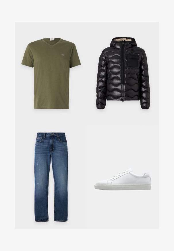 Černá prošívaná bunda s kapucí, zipem vpředu a náprsní kapsou. Obsahuje lesklou, strukturovanou látku s elastickými manžetami.; Olivově zelené tričko vyrobené z měkké bavlny s výstřihem do V, krátkými rukávy a malým grafickým logem na horní levé straně hrudi.; Modré džíny z denimu se střihem rovného nohavice. Mají vybledlé oblasti a drobné opotřebení na přední straně, s klasickým zapínáním na knoflík.; Bílé tenisky s hladkým koženým svrškem a nízkým profilem. Mají zaoblenou špičku, šest nýtů a texturovanou gumovou podrážku.