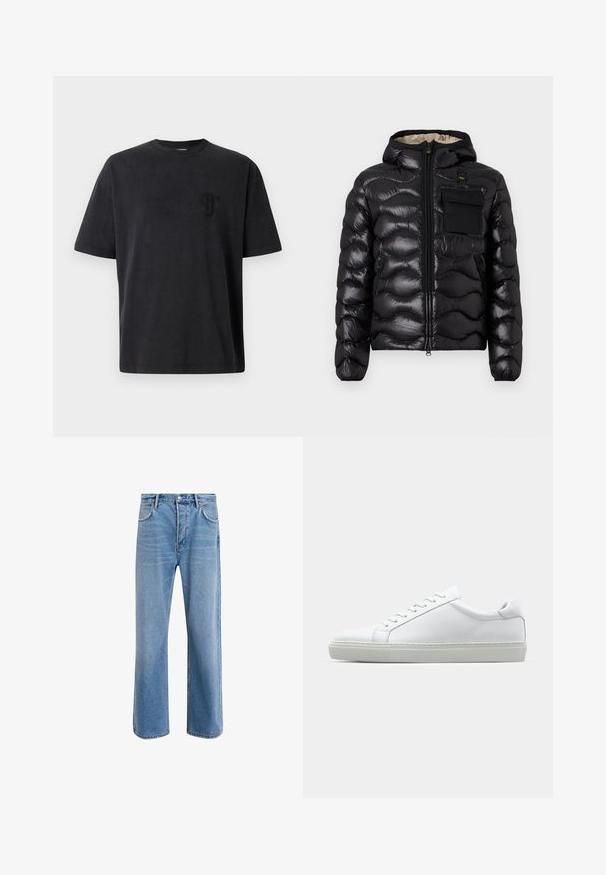 Czarna kurtka puchowa z kapturem, pikowany wzór, zamek z przodu i kieszeń na piersi. Posiada błyszczący, teksturowany materiał oraz elastyczne mankiety.; Czarna bawełniana koszulka z krótkim rękawem, okrągłym dekoltem i subtelnym haftowanym logo na lewej piersi. Gładka tekstura, luźny krój.; Jasnoniebieskie dżinsy o prostym kroju, pięć kieszeni, zapięcie na guzik, minimalne blaknięcia i kontrastowe wykończenia szwów.; Białe sneakersy z gładką skórzaną cholewką i niskim profilem. Posiadają okrągły nos, sześć dziurek na sznurówki oraz teksturowaną gumową podeszwę.
