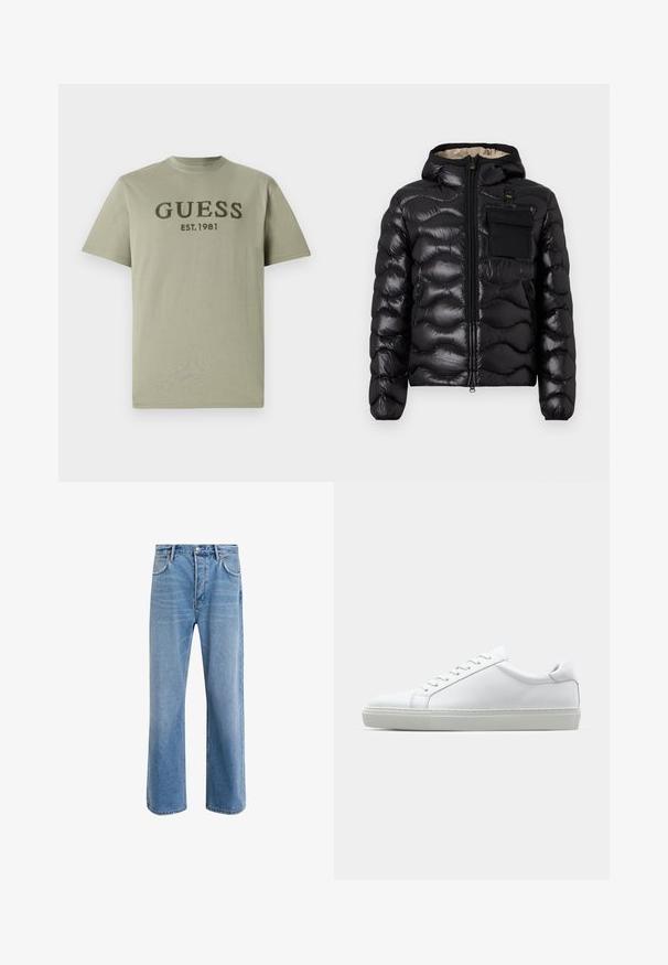 Melna pūka jaka ar kapuci, izšūti dizainu, ar rāvējslēdzēju priekšā un krūšu kabatu. Iezīmējas ar spīdīgu, teksturētu audumu un elastīgām piedurknēm.; Olīvu zaļš kokvilnas t-krekls ar apaļu kakla izgriezumu un īsām piedurknēm, ar tumši zaļa krāsā izšūtu uzrakstu "GUESS EST. 1981" krūšu daļā.; Gai zilas džinsu bikses ar taisnām kājām, piecām kabatām, pogu aizvēršanu, minimālu izbalēšanu un kontrastējošiem šuvju elementiem.; Baltie sporta apavi ar gludu ādas virsu un zemu profilu. Iezīmējas ar noapaļotu purngalu, sešām acīm un teksturētu gumijas zoli.