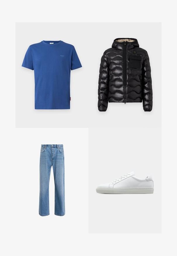 Fekete puffdzseki kapucnival, steppelt mintával, cipzáras elülső résszel és mellzsebbel. Fényes, struktúrált anyagból készült, rugalmas mandzsettákkal.; Kék, rövid ujjú pamut póló, kerek nyakú. Az elülső részen egy kis, világoskék logó található, valamint egy címke az oldalon.; Világoskék farmernadrág, egyenes szárú fazonnal, öt zsebbel, gombos záródással, minimális kopással és kontrasztos varrással.; Fehér sportcipő sima bőr felső résszel és alacsony profilsal. Kerek orr, hat fűzőlyuk és barázdált gumitalp jellemzi.