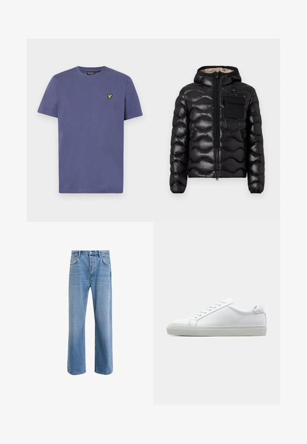 Čierna nadýchaná bunda s kapucňou, prešitou konštrukciou, predným zipsom a vreckom na hrudi. Vlastnosti zahŕňajú lesklú, textúrovanú látku s elastickými manžetami.; Svetlofialové bavlnené tričko s krátkymi rukávmi, s okrúhlym výstrihom a malým žltým vyšitým logom na hrudi.; Svetlo modré denimové džínsy so strihom rovného nohu, päť vreciek, zapínanie na gombík, minimálne vyblednutie a kontrastné švy.; Biele tenisky s hladkým koženým zvrškom a nízkym profilom. Majú zaoblenú špičku, šesť očiek a štruktúrovanú gumovú podrážku.