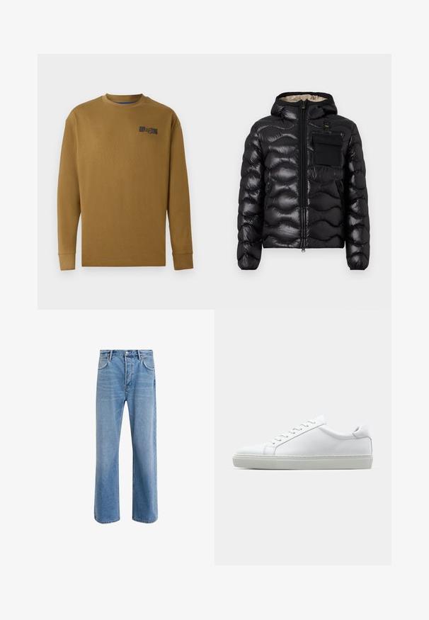 Black puffer jacket with a hood, quilted design, zipper front, and a chest pocket. Features shiny, textured fabric with elastic cuffs.; Long-sleeve, crewneck t-shirt in brown cotton. Features a black logo on the left chest and ribbed cuffs. Smooth texture, regular fit.; Light blue denim jeans with a straight-leg design, five pockets, button closure, minimal fading, and contrasting stitching details.; White sneaker with a smooth leather upper and a low profile. Features a rounded toe, six eyelets, and a textured rubber sole.