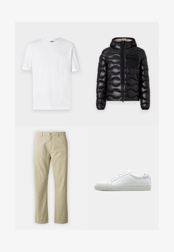 Sort puffjakke med hætte, quilted design, lynlås foran og en brystlomme. Har skinnende, struktureret stof med elastiske manchetter.; Hvid bomulds T-shirt med rund hals, korte ærmer og oprevet manchetter; enkel design, blød tekstur og lige snit.; Beige bomuldsbukser med lige ben-design, frontlukning med knap og bæltestropper. Glat tekstur, ingen synlige mønstre eller accenter.; Hvide sneakers med en glat læderoverdel og lav profil. Har en rund tå, seks snørehuller og en tekstureret gummisål.