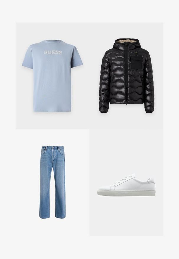 Mustat puffatakki hupulla, tikattu muotoilu, vetoketjukiinnitys edessä ja rintatasku. Ominaisuuksiin kuuluu kiiltävä, teksturoitu kangas ja joustavat hihansuut.; Vaaleansininen puuvillapaita, jossa on lyhyet hihat ja pyöreä kaula-aukko. Edessä valkoinen logotuloste "GUESS EST. 1981". Sujuva pinta.; Vaaleansiniset farkut suoranlahkeisella muotoilulla, viisi taskua, nappisuljenta, vähäinen kuluminen ja kontrastiväriset ompeluyksityiskohdat.; Valkoinen tennari, jossa on sileä nahkapäällinen ja matala profiili. Ominaisuuksiin kuuluu pyöreä kärki, kuusi rei'itystä ja teksturoitu kumipohja.