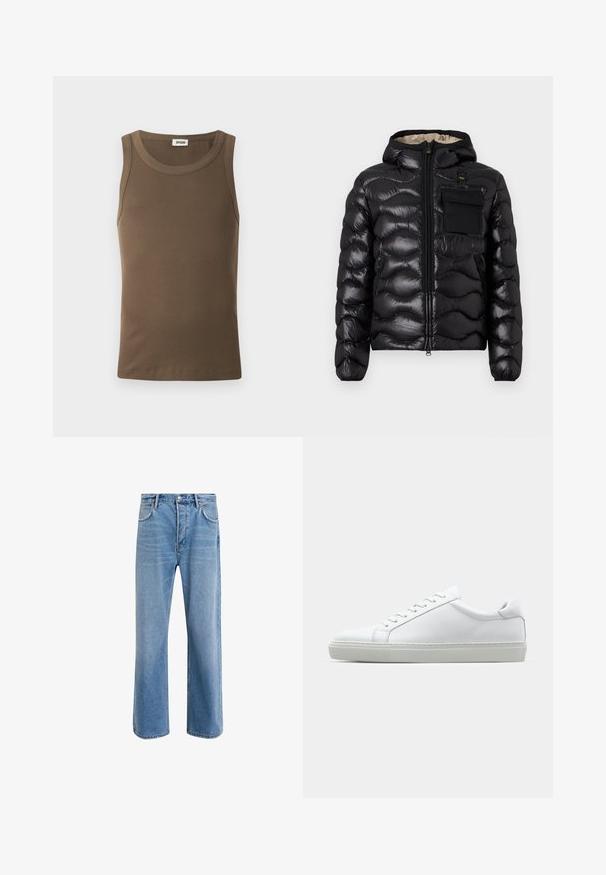 Črna puhovka s kapuco, s prešitim dizajnom, z zadrgo spredaj in žepom na prsih. Ima sijoč, teksturiran material in elastične manšete.; Rjava rebrasta majica brez rokavov z okroglim izrezom. Narejena iz mehke, elastične tkanine. Ima čiste robove in oprijet kroj.; Svetlo modre denim kavbojke s ravno nogavico, petimi žepi, z gumbom za zapiranje, minimalnim zbledelostjo in kontrastnimi šivi.; Bela športna obutev z gladkim usnjenim zgornjim delom in nizkim profilom. Ima zaokrožen nos, šest lukenj za vezalke in teksturiran gumijast podplat.