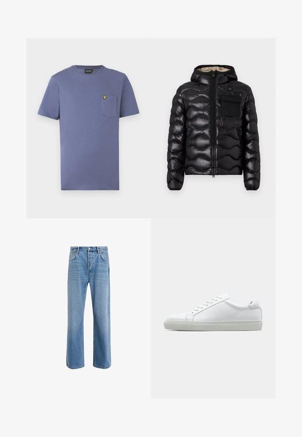 Must jahe kergsügisjope, millel on kapuuts, tikandiga disain, lukuga ees ja rinna tasku. Aksel kanga läikiv ja tekstureeritud, elastsete mansettidega.; Lilla puuvillane T-särk lühikeste varrukatega, ümmarguse kaelusega ja rinnataskuga, millel on kollane tikitud logo.; Heledad sinine teksapüksid otse lõikega, viie taskuga, nupuga sulgemine, minimaalne kulumine ja kontrastsed õmbluse detailid.; Valge tennisetoss, millel on sile nahk pealis ja madal profiil. Omab ümarat ninaosa, kuut silmust ja tekstuuriga kummist talda.