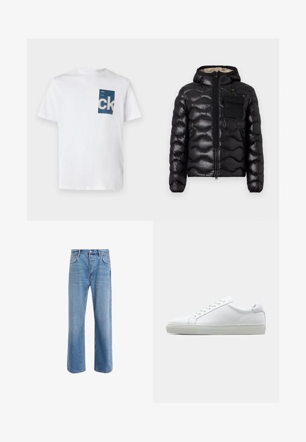 Must jahe kergsügisjope, millel on kapuuts, tikandiga disain, lukuga ees ja rinna tasku. Aksel kanga läikiv ja tekstureeritud, elastsete mansettidega.; Valge puuvillane t-särk, millel on sinine ristkülikukujuline tasku koos valge "ck" logoga ja tekstiliste detailidega. Lühikesed varrukad, ümar kaelus, regulaarsne istuvus.; Heledad sinine teksapüksid otse lõikega, viie taskuga, nupuga sulgemine, minimaalne kulumine ja kontrastsed õmbluse detailid.; Valge tennisetoss, millel on sile nahk pealis ja madal profiil. Omab ümarat ninaosa, kuut silmust ja tekstuuriga kummist talda.