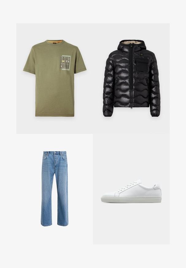 Melna pūka jaka ar kapuci, izšūti dizainu, ar rāvējslēdzēju priekšā un krūšu kabatu. Iezīmējas ar spīdīgu, teksturētu audumu un elastīgām piedurknēm.; Olivza zaļa kokvilnas T-kreklu ar noapaļotu kakla izgriezumu un īsām piedurknēm. Ir kabata ar grafisku apdruku melnā, dzeltenā un baltā krāsā.; Gai zilas džinsu bikses ar taisnām kājām, piecām kabatām, pogu aizvēršanu, minimālu izbalēšanu un kontrastējošiem šuvju elementiem.; Baltie sporta apavi ar gludu ādas virsu un zemu profilu. Iezīmējas ar noapaļotu purngalu, sešām acīm un teksturētu gumijas zoli.