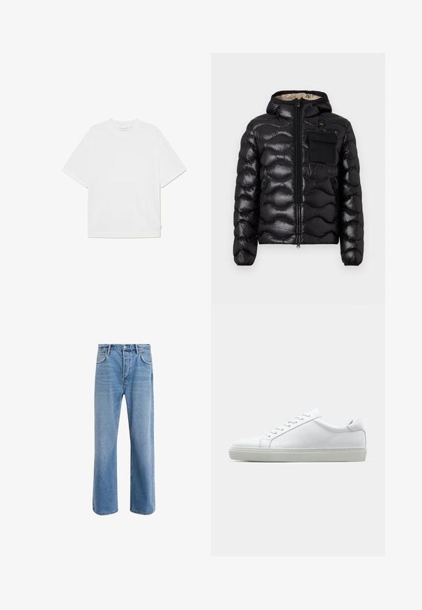 Svart puffjakke med hette, quiltet design, glidelås foran og brystlomme. Har blankt, strukturert stoff med elastiske mansjetter.; Hvit kortermet t-skjorte laget av myk bomull. Har rund hals, avslappet passform og sideetikettdetaljer. Glatt tekstur.; Lys blå denimjeans med rett ben-design, fem lommer, knappeåpning, minimal falming og kontrasterende sømdetaljer.; Hvit sneakers med en glatt skinnoverdel og lav profil. Har en rund tå, seks snøring hull, og en teksturert gummisåle.