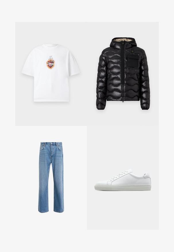 Sort puffjakke med hætte, quilted design, lynlås foran og en brystlomme. Har skinnende, struktureret stof med elastiske manchetter.; Hvid oversized T-shirt med et farverigt helligt hjertegrafik og teksten "AllSaints London" centreret på brystet.; Lyseblå denim jeans med lige ben-design, fem lommer, knaplukning, minimal falming og kontraststingdetaljer.; Hvide sneakers med en glat læderoverdel og lav profil. Har en rund tå, seks snørehuller og en tekstureret gummisål.