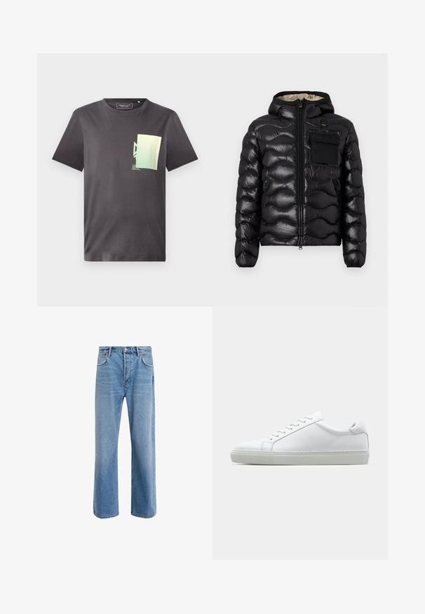 Čierna nadýchaná bunda s kapucňou, prešitou konštrukciou, predným zipsom a vreckom na hrudi. Vlastnosti zahŕňajú lesklú, textúrovanú látku s elastickými manžetami.; Sivý bavlnený tričko s okrúhlym výstrihom, s minimalistickým zeleným a modrým grafickým potlačou na ľavej strane hrude. Krátke rukávy.; Svetlo modré denimové džínsy so strihom rovného nohu, päť vreciek, zapínanie na gombík, minimálne vyblednutie a kontrastné švy.; Biele tenisky s hladkým koženým zvrškom a nízkym profilom. Majú zaoblenú špičku, šesť očiek a štruktúrovanú gumovú podrážku.