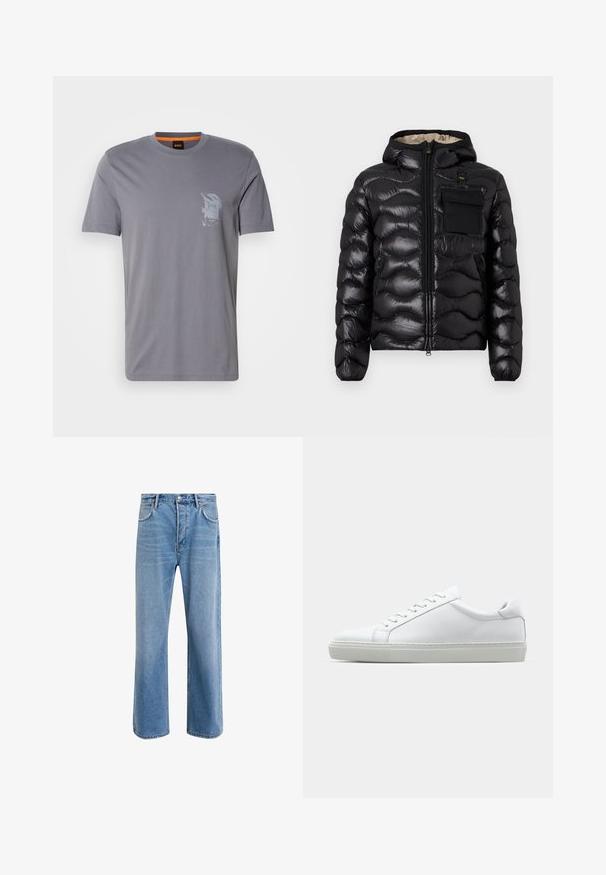 Mustat puffatakki hupulla, tikattu muotoilu, vetoketjukiinnitys edessä ja rintatasku. Ominaisuuksiin kuuluu kiiltävä, teksturoitu kangas ja joustavat hihansuut.; Harmaan puuvillan t-paita, jossa on pyöreä kaula-aukko, lyhyet hihat ja graafinen printti vasemmassa rinnassa. Sisäpuolella oleva etiketti sisältää oransseja yksityiskohtia.; Vaaleansiniset farkut suoranlahkeisella muotoilulla, viisi taskua, nappisuljenta, vähäinen kuluminen ja kontrastiväriset ompeluyksityiskohdat.; Valkoinen tennari, jossa on sileä nahkapäällinen ja matala profiili. Ominaisuuksiin kuuluu pyöreä kärki, kuusi rei'itystä ja teksturoitu kumipohja.