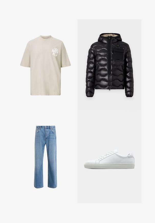 Juodas pūkinis švarkas su kapišonu, su siuvinėtu dizainu, priekiniais užtrauktukais ir krūtine kišenė. Pagamintas iš blizgios, tekstūruotos medžiagos su elastiniais rankogaliais.; Bežinė per didelė trumpomis rankovėmis marškinėliai su baltu abstrakčiu tekstiniu logotipu kairėje krūtinės pusėje.; Šviesiai mėlyni džinsai su tiesiu kirpimu, penkios kišenės, mygtuko užsegimas, minimalus blukimas ir kontrastingi siuvimo detalės.; Baltas sportinis batelis su lygiu odiniu paviršiumi ir žemu profiliu. Turi suapvalintą pirštą, šešis akių skyrius ir tekstūruotą gumos padą.